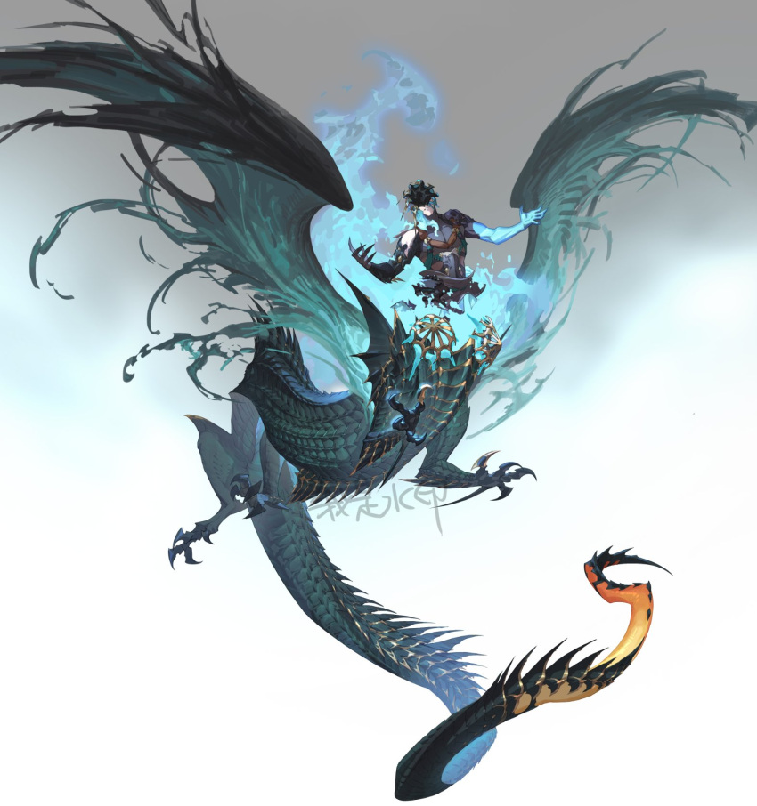 1boy, blue_fire, blue_hair, centauroid, claws, covered_eyes, dragon_boy, dragon_tail
