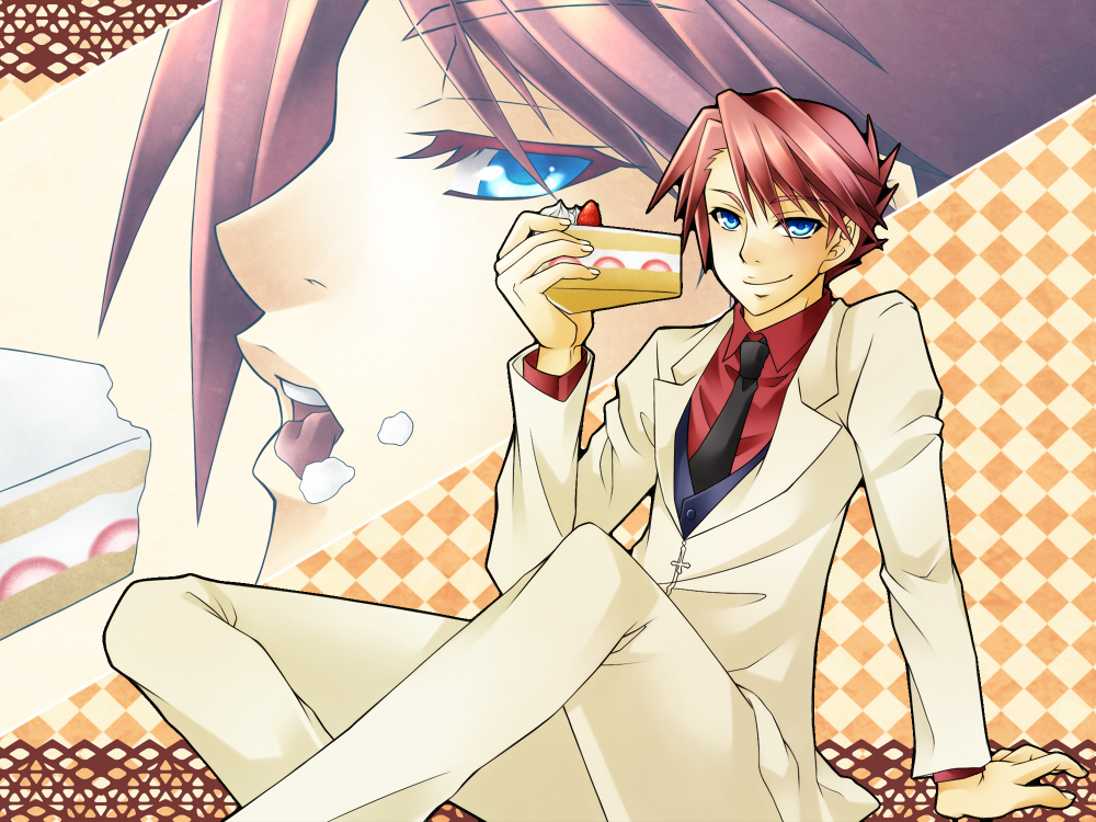 blue_eyes, cake, eating, flower, food, food_on_face, formal, fruit