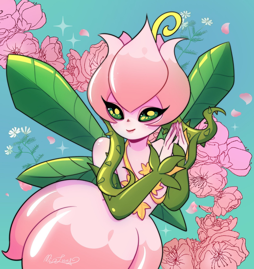 1girl, blue_background, digimon, digimon_(creature), fairy, flower, highres, lilimon