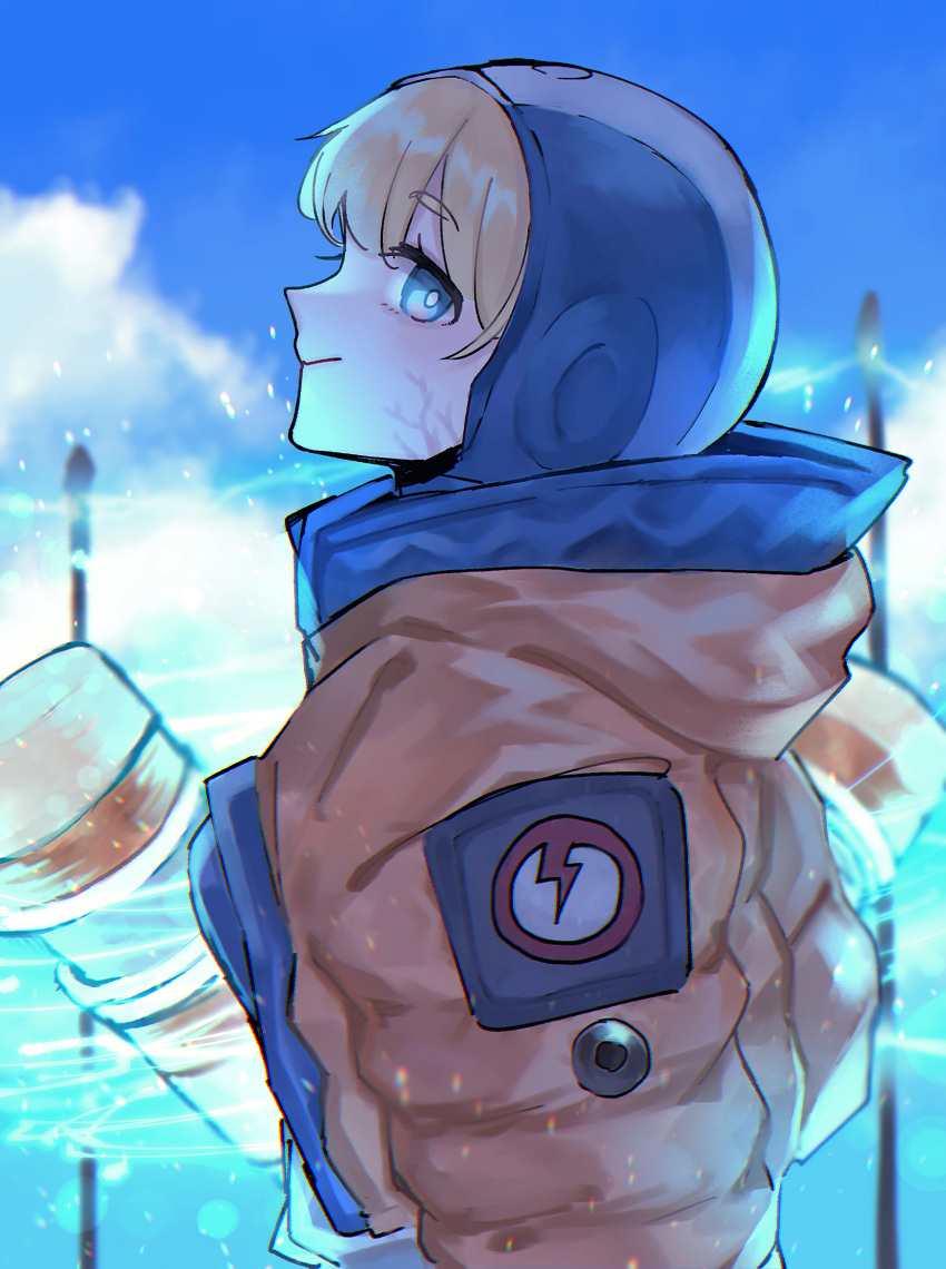 1girl, animification, apex_legends, blonde_hair, blue_bodysuit, blue_eyes, bodysuit, breasts, bright_pupils, clouds, electricity, from_side, highres, hood, hood_down, hood_up, hooded_bodysuit, jacket, lightning_bolt_symbol, looking_at_viewer, medium_breasts, orange_jacket, profile, repu_(rep_sha), scar, scar_on_cheek, scar_on_face, sky, smile, solo, upper_body, wattson_(apex_legends), white_pupils
