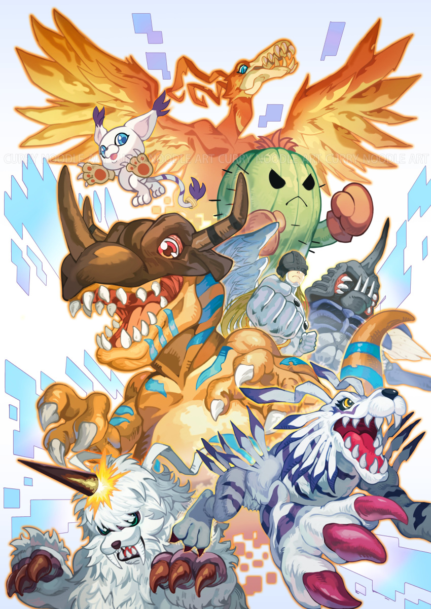 absurdres, angemon, animal_ears, birdramon, boxing_gloves, bug, cactus, cat