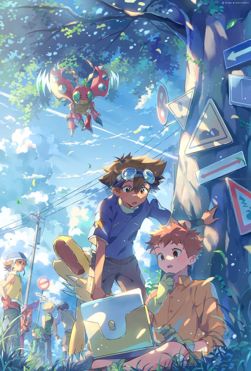 2girls, 5boys, absurdres, agumon, blonde_hair, blue_shirt, brown_eyes, brown_hair