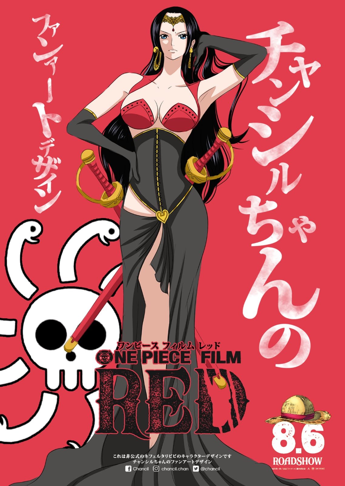 1girl, adapted_costume, alternate_costume, alternate_universe, arm_up, artist_name, bare_shoulders, black_hair, blue_eyes, boa_hancock, chancil, closed_mouth, copyright_name, earrings, facebook_username, fake_ad, hat, headdress, highres, instagram_username, jewelry, jolly_roger, long_hair, one_piece, one_piece_film:_red, poster_(medium), skull_and_crossbones, snake_earrings, solo, standing, straw_hat, sword, twitter_username, weapon
