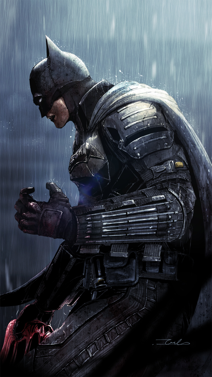 1boy, absurdres, armor, batman, batman_(series), black_cape, black_gloves, bruce_wayne