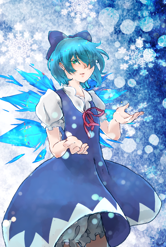 1girl, bloomers, blue_background, blue_bow, blue_dress, blue_eyes, blue_hair, blue_theme