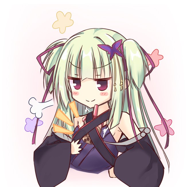 >:), 1girl, =3, bare_shoulders, black_kimono, blunt_bangs, blunt_ends, blush_stickers