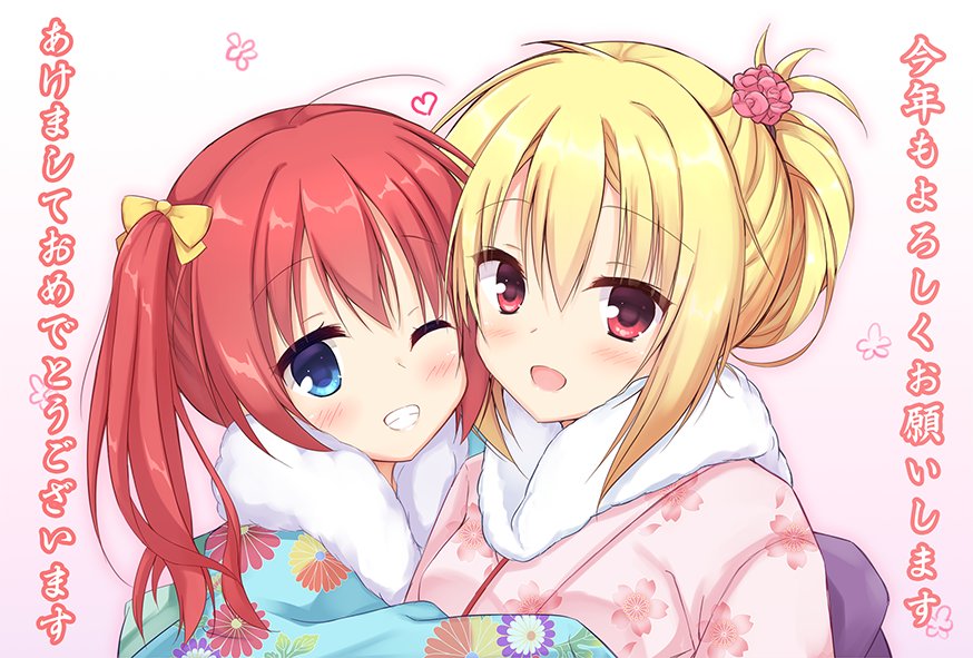 2girls, :d, ahoge, alternate_costume, alternate_hairstyle, aqua_kimono, arihara_nanami, blonde_hair