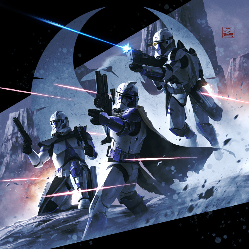 3boys, 5health, absurdres, assault_visor, black_gloves, brown_cape, cape, clone_trooper