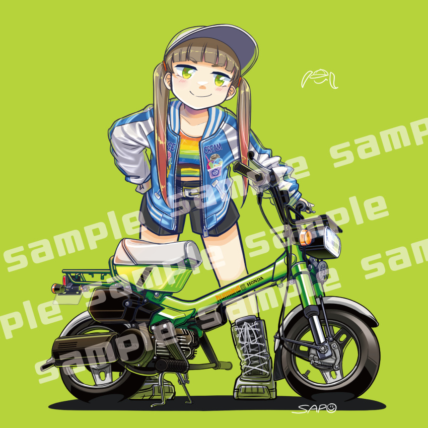 1girl, artist_name, baseball_cap, belt, blue_jacket, brown_hair, collarbone, gradient_hair, green_background, green_eyes, grey_footwear, hair_behind_ear, hat, head_tilt, highres, honda, honda_humming, jacket, leaning_forward, letterman_jacket, long_sleeves, looking_at_viewer, motor_vehicle, motorcycle, multicolored_hair, original, rainbow_shirt, sample_watermark, sapo_(saaaapo_po), shadow, shorts, sleeves_past_wrists, smile, v-shaped_eyebrows, white_belt