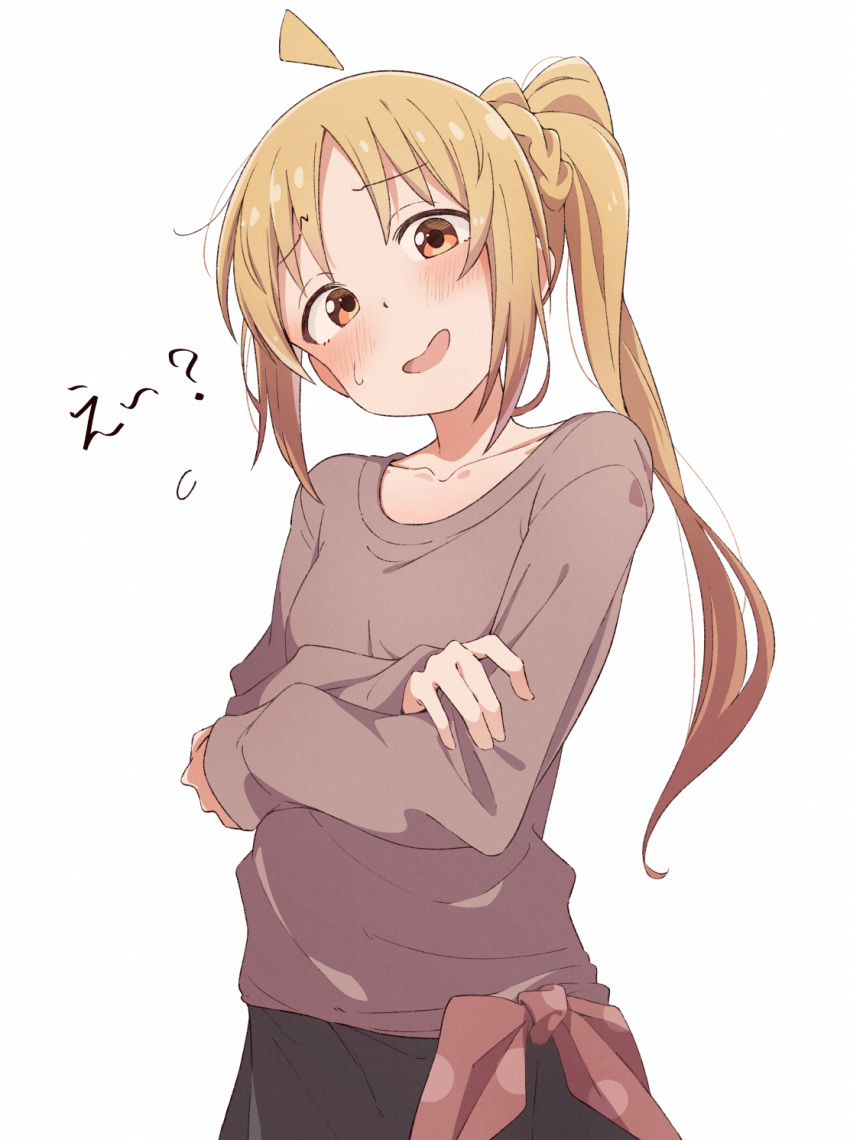 1girl, ahoge, black_skirt, blonde_hair, blush, bocchi_the_rock!, brown_eyes, brown_shirt