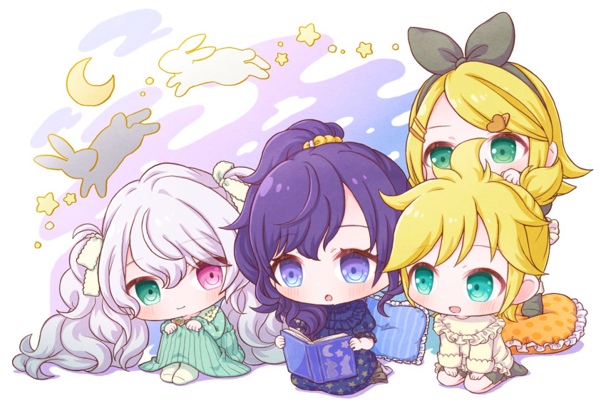 1boy, 25-ji_len, 25-ji_miku, 25-ji_rin, 3girls, asahina_mafuyu, black_pants, black_ribbon