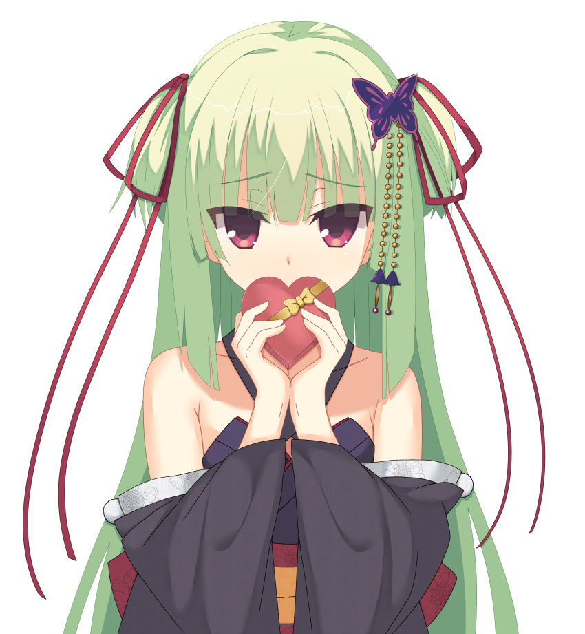 1girl, absurdres, armpit_crease, bare_shoulders, black_kimono, blunt_bangs, blunt_ends, bow, box, butterfly_hair_ornament, commentary_request, covering_mouth, detached_sleeves, eyes_visible_through_hair, floral_print, furrowed_brow, gift, green_hair, hair_ornament, hair_ribbon, heart-shaped_box, highres, holding, holding_gift, japanese_clothes, kaon_zz, kimono, long_hair, long_sleeves, looking_at_viewer, murasame_(senren), own_hands_together, pom_pom_(clothes), red_eyes, red_ribbon, ribbon, senren_banka, shy, sidelocks, simple_background, solo, straight-on, straight_hair, two_side_up, upper_body, valentine, very_long_hair, white_background, wide_sleeves, yellow_bow, yellow_ribbon