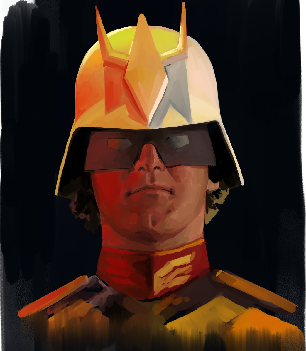 1boy, black_background, black_jacket, blonde_hair, char_aznable, frown, gundam, gundam_0079_the_war_for_earth, helmet, jacket, looking_at_viewer, male_focus, mask, mobile_suit_gundam, portrait, sarcophage, solo