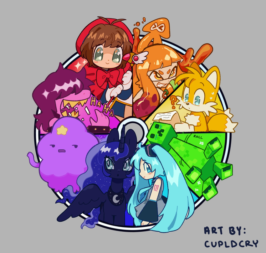 1boy, 6+girls, ?, adventure_time, animal_ears, animal_nose, blue_eyes, blue_hair, bow, cardcaptor_sakura, chalk, color_wheel, color_wheel_challenge, colored_skin, creeper, cupidcry, deltarune, eating, fox_boy, fox_ears, fox_tail, furry, furry_male, fuuin_no_tsue, gloves, grey_background, grin, hair_over_eyes, hatsune_miku, highres, holding, holding_paper, holding_wand, inkling, inkling_girl, kinomoto_sakura, lumpy_space_princess, luna_(my_little_pony), minecraft, multiple_drawing_challenge, multiple_girls, multiple_tails, my_little_pony, my_little_pony:_friendship_is_magic, orange_eyes, orange_hair, paper, pony_(animal), purple_hair, purple_skin, red_bow, sharp_teeth, simple_background, smile, sonic_(series), splatoon_(series), susie_(deltarune), sweat, tail, tails_(sonic), teeth, two_tails, vocaloid, wand, white_gloves, winged_unicorn, wings, yellow_teeth
