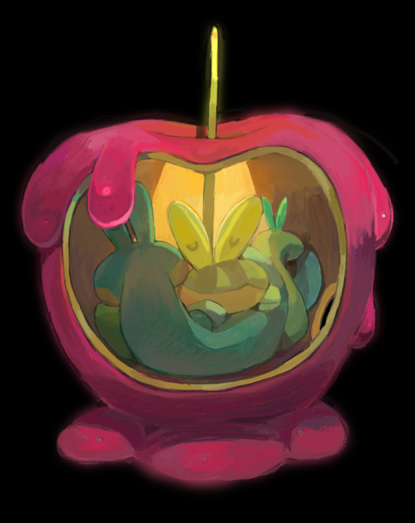 black_background, candy_apple, closed_eyes, closed_mouth, commentary, dipplin, english_commentary, food, full_body, momopatchi, no_humans, pokemon, pokemon_(creature), simple_background