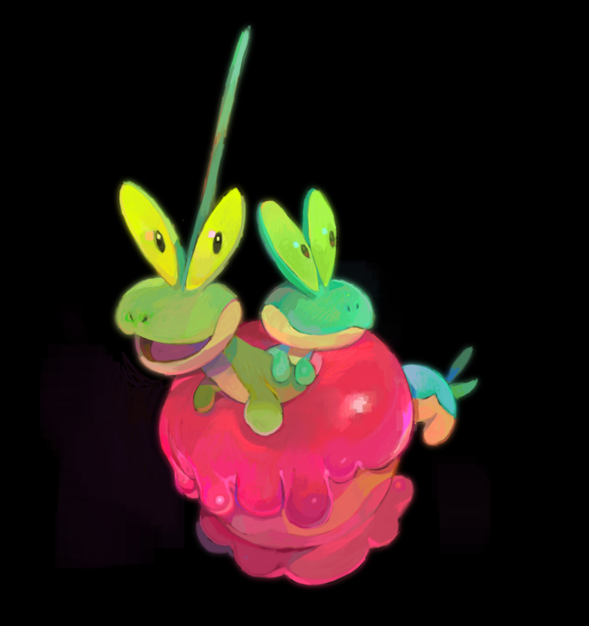 black_background, candy_apple, commentary, dipplin, english_commentary, food, full_body, highres, looking_at_viewer, momopatchi, no_humans, open_mouth, pokemon, pokemon_(creature), simple_background