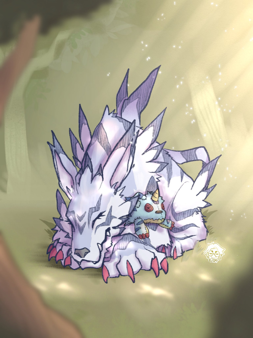 1other, artist_logo, closed_eyes, dappled_sunlight, digimon, digimon_(creature), forest, gabumon