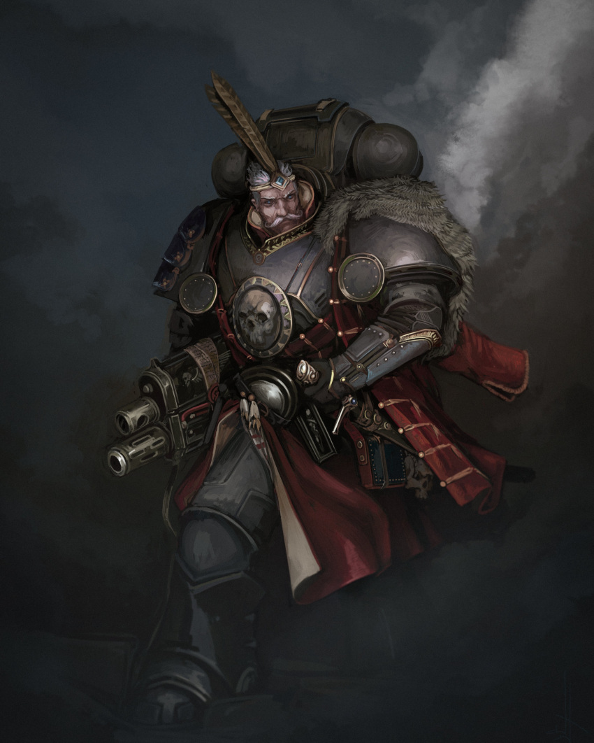 absurdres, adeptus_astartes, blue_eyes, bolter, circlet, coat, facial_hair, feathers, grey_background, grey_hair, highres, mustache, nictanova, pelt, power_armor, purity_seal, saber_(weapon), skirt, skull, sword, warhammer_40k, weapon