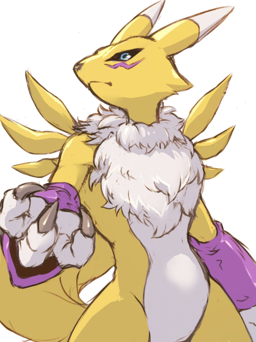 black_sclera, blue_eyes, claws, colored_sclera, digimon, digimon_(creature), fox, furry, highres, kitsune, looking_to_the_side, renamon, simple_background, solo, tail, tosaka_rai, white_background