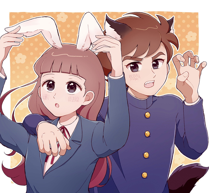 1boy, 1girl, animal_ears, arm_around_shoulder, arms_up, babel_ii, bad_id, bad_pixiv_id