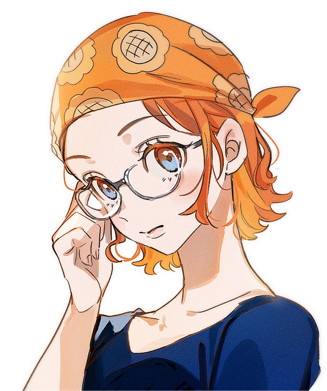 1girl, adjusting_eyewear, bandana, blue_eyes, blue_shirt, closed_mouth, collarbone, commentary_request