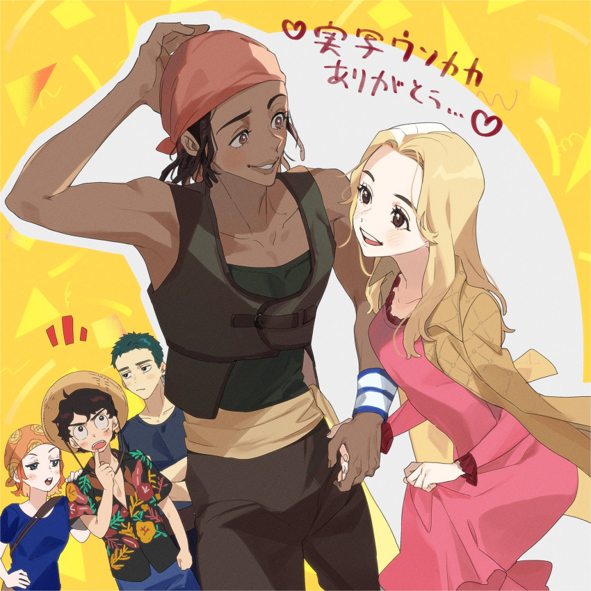 2girls, 3boys, arm_up, bandana, bare_shoulders, black_hair, black_shirt, blonde_hair, blue_shirt, blush, brown_eyes, brown_pants, collarbone, commentary_request, couple, cowboy_shot, dark-skinned_male, dark_skin, dress, finger_to_mouth, floral_print, green_hair, hand_on_another's_shoulder, hand_on_own_head, hat, heart, highres, holding_hands, jacket, jacket_on_shoulders, kaya_(one_piece), long_hair, looking_at_another, monkey_d._luffy, multiple_boys, multiple_girls, nami_(one_piece), one_piece, one_piece_(live_action), open_mouth, orange_hair, pants, parted_bangs, parted_lips, pink_dress, print_shirt, roronoa_zoro, shirt, short_hair, straw_hat, straw_hat_pirates, translation_request, usopp, ususmomo