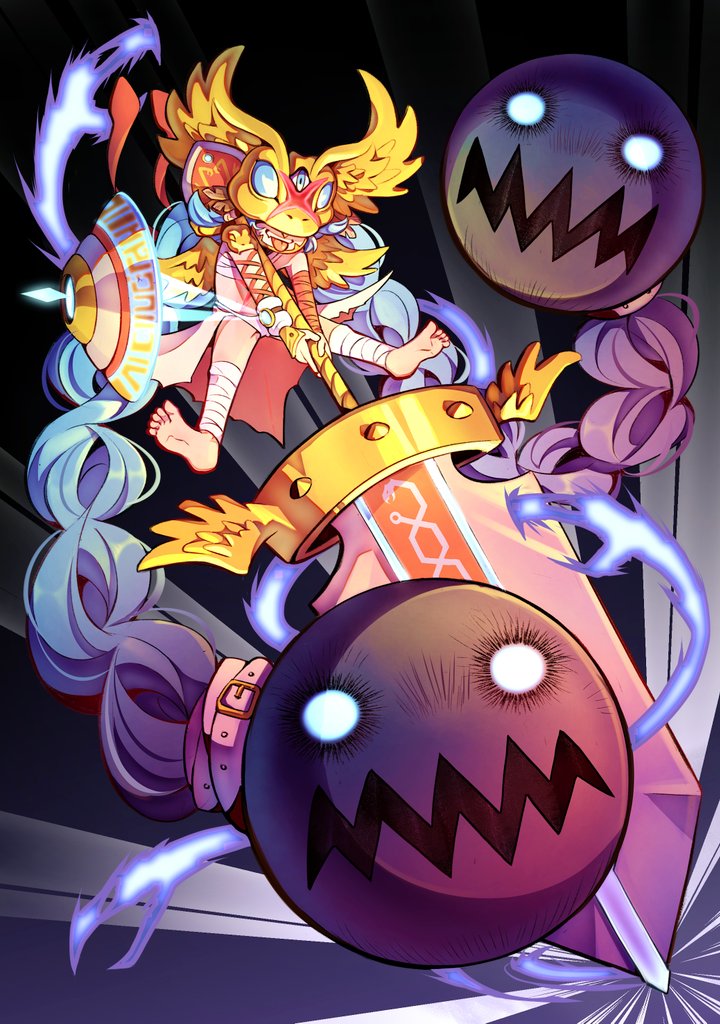1girl, bandaged_leg, bandages, barefoot, blue_hair, braid, covered_eyes, digimon