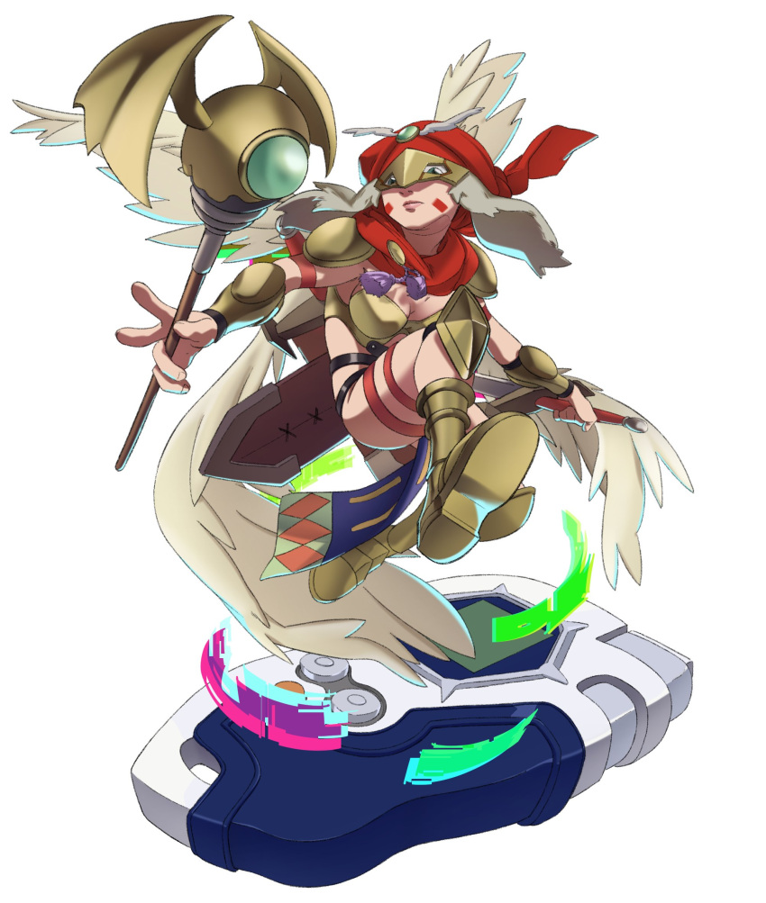 1girl, angel, angel_wings, armor, bikini_armor, darcmon, digimon, digimon_(creature), digivice, full_body, helmet, highres, holding, holding_staff, liecomj, looking_at_viewer, simple_background, solo, staff, white_background, wings