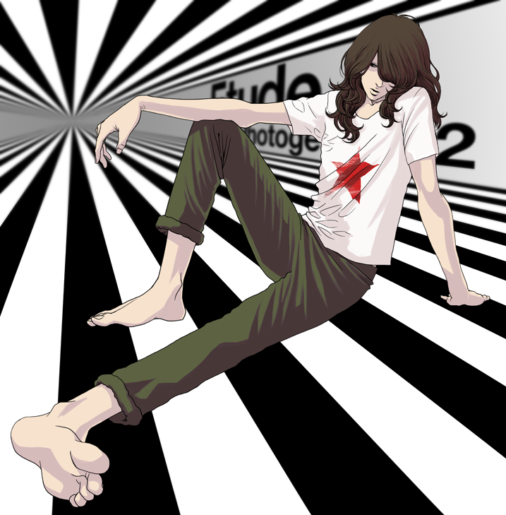 barefoot, feet, foreshortening, kyashii, long_hair, male, star