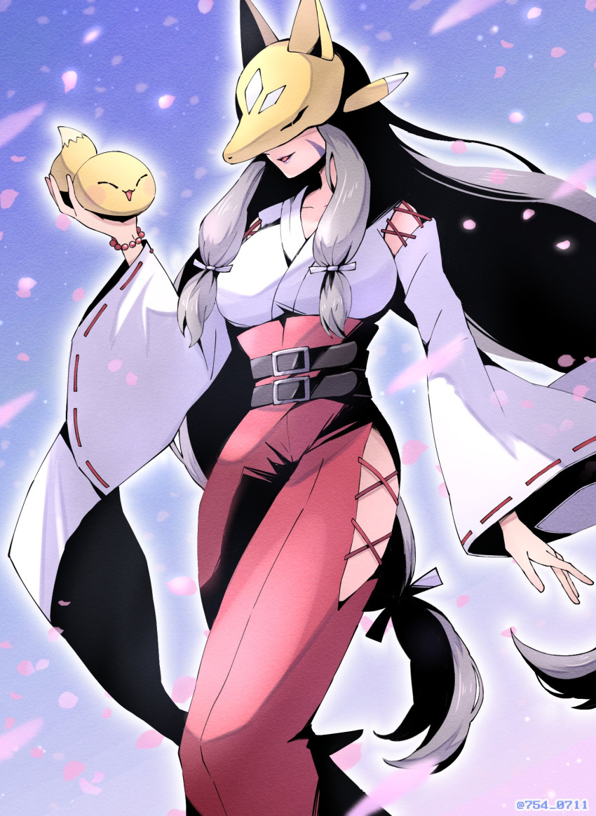 1girl, 1other, digimon, digimon_(creature), fox_mask, grey_hair, highres, japanese_clothes, long_hair, mask, miko, nagoshi, relemon, sakuyamon, sakuyamon_miko_mode, very_long_hair