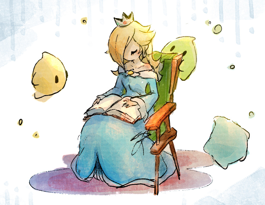 1girl, bare_shoulders, blonde_hair, blue_dress, book, brooch, chair, closed_eyes, dress, hair_over_one_eye, holding, holding_book, jewelry, long_hair, long_sleeves, luma_(mario), nendo23, no_mouth, off-shoulder_dress, off_shoulder, on_chair, rosalina, sitting, star_brooch, super_mario_bros., super_mario_galaxy