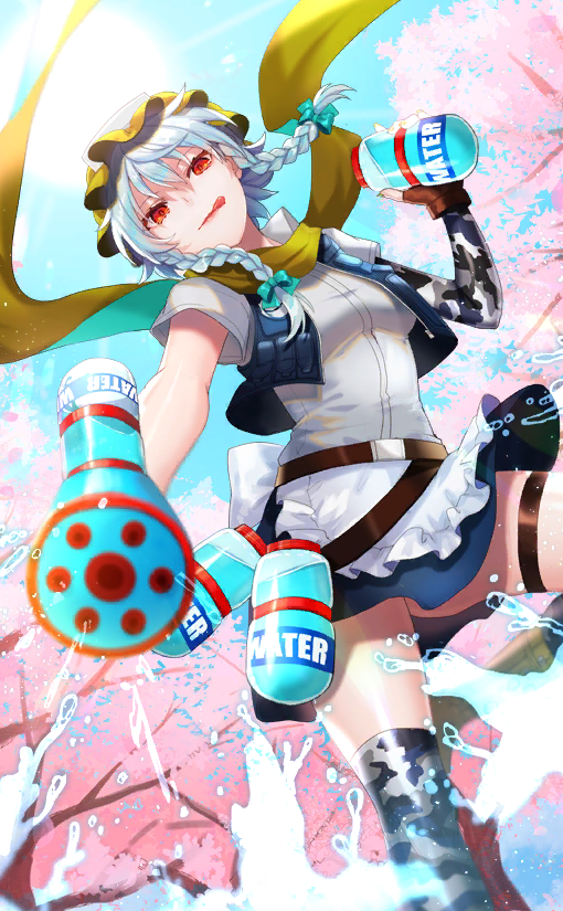 13_(spice!!), 1girl, :p, apron, attack, back_bow, belt, belt_buckle, blue_jacket, blue_skirt, blue_sky, bottle, bow, braid, brown_belt, brown_gloves, buckle, camouflage_sleeves, camouflage_thighhighs, cherry_blossoms, closed_mouth, collared_shirt, denim, denim_jacket, eyelashes, fingerless_gloves, frilled_apron, frilled_hat, frills, from_below, game_cg, gloves, green_bow, green_headwear, green_scarf, grey_hair, hair_bow, hat, holding, holding_bottle, holding_water_gun, izayoi_sakuya, jacket, layered_sleeves, leg_up, long_sleeves, looking_at_viewer, miniskirt, mob_cap, official_alternate_costume, official_art, open_clothes, open_jacket, outdoors, red_eyes, scarf, shirt, short_hair, short_over_long_sleeves, short_sleeves, single_sleeve, skirt, sky, splashing, sun, thigh_belt, thigh_strap, tongue, tongue_out, touhou, touhou_cannonball, tree, twin_braids, waist_apron, water_bottle, water_drop, water_gun, white_apron, white_bow, white_shirt