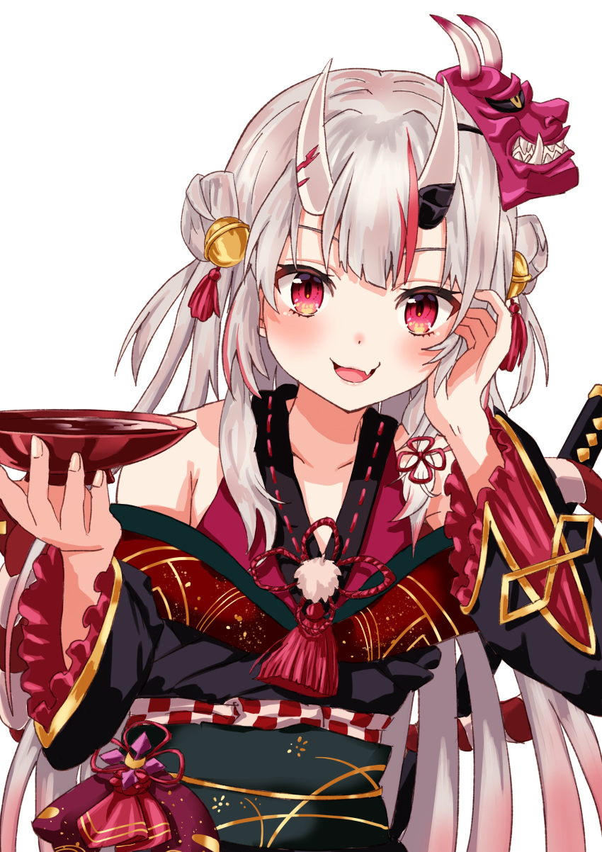 1girl, absurdres, bell, black_kimono, blunt_bangs, blush, choko_(cup), cup, double_bun, fang, grey_hair, hair_bell, hair_bun, hair_ornament, highres, hololive, horns, japanese_clothes, jingle_bell, kimono, lingmu, long_hair, looking_at_viewer, mask, multicolored_hair, nakiri_ayame, nakiri_ayame_(1st_costume), oni, oni_horns, oni_mask, open_mouth, red_kimono, redhead, sidelocks, skin_fang, sleeveless, sleeveless_kimono, smile, solo, streaked_hair, virtual_youtuber