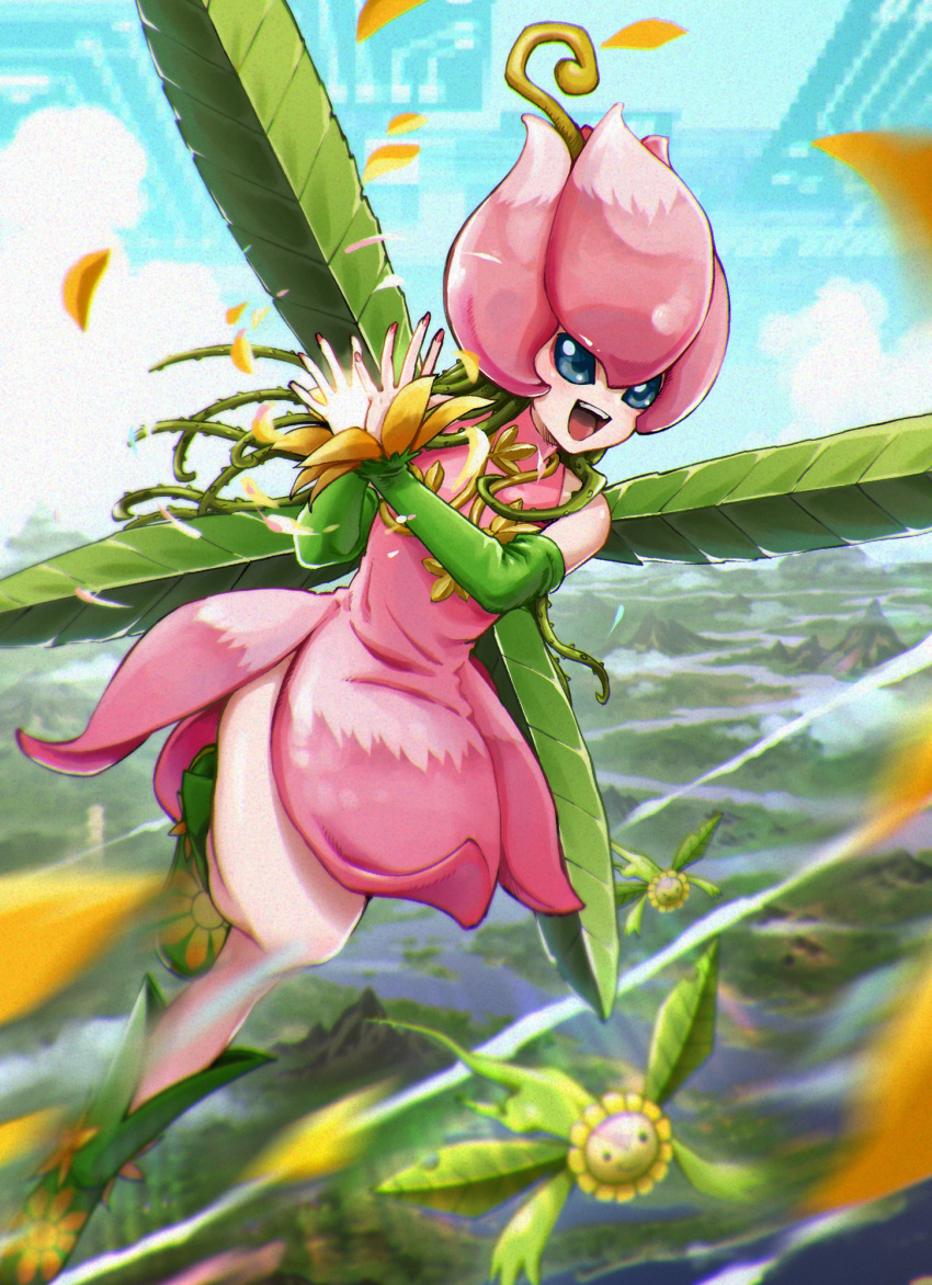 1girl, detached_sleeves, digimon, digimon_(creature), fairy, flower, flying, green_sleeves