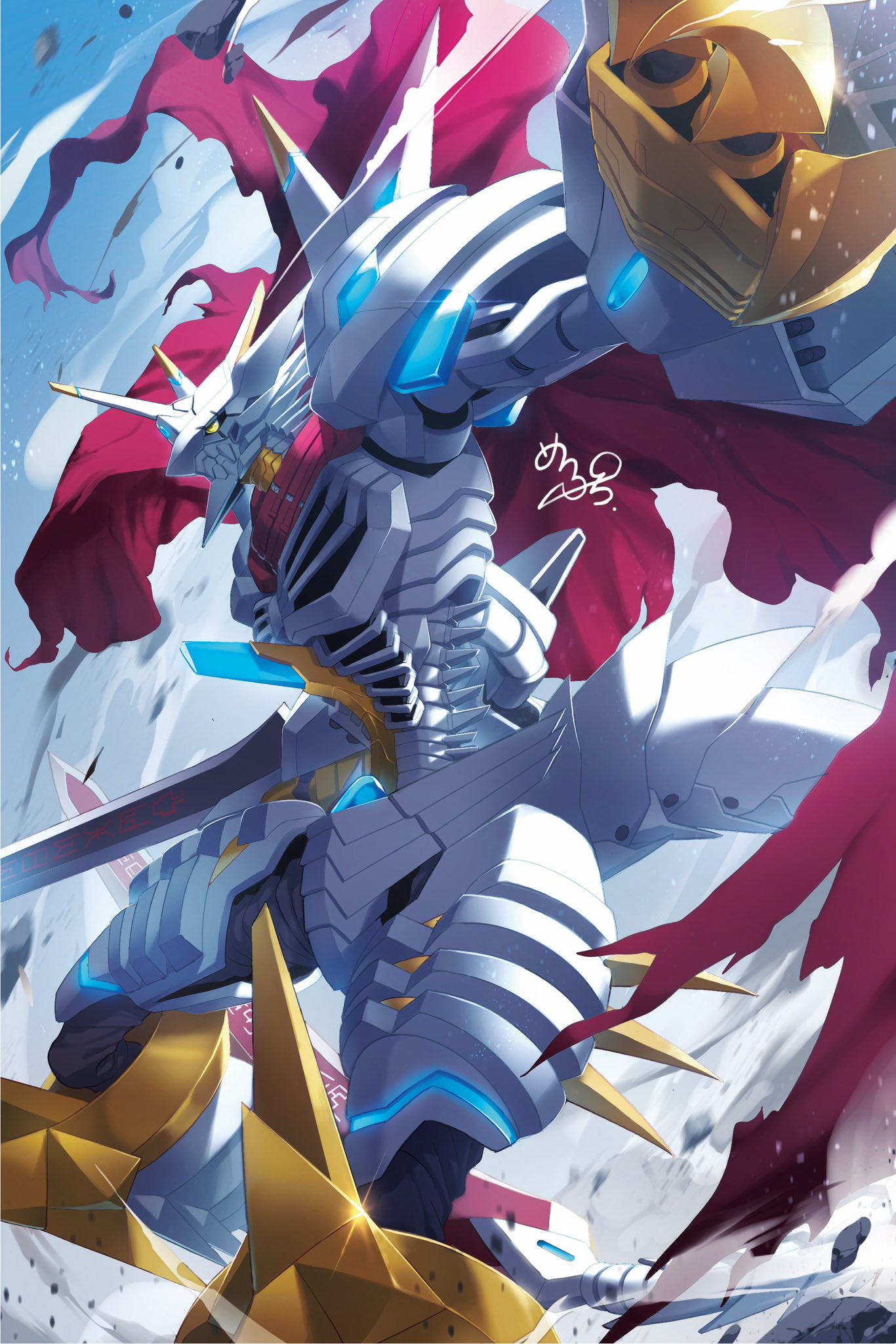 1other, armor, cape, digimon, digimon_(creature), from_side, highres, horns