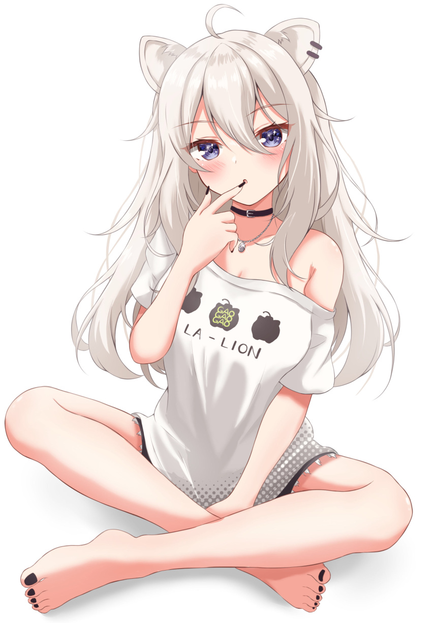 1girl, absurdres, ahoge, animal_ears, barefoot, black_nails, blush, commentary_request