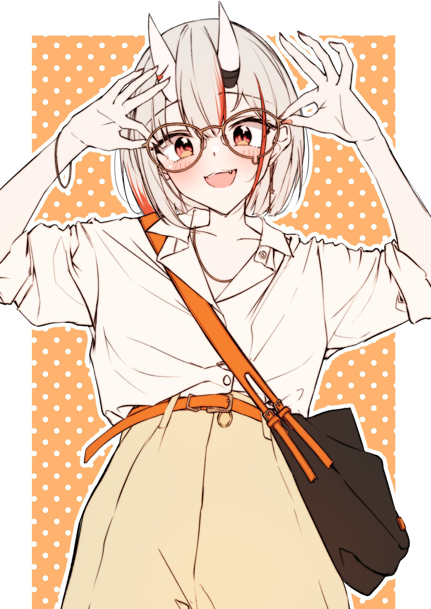 1girl, absurdres, adjusting_eyewear, bag, belt, blush, collared_shirt, glasses