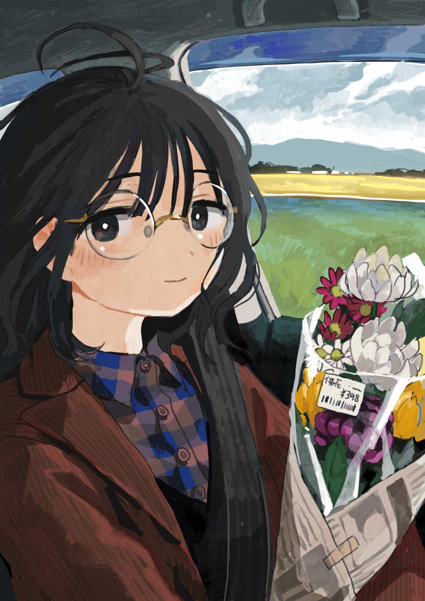 1girl, absurdres, black_eyes, black_hair, blue_shirt, blush, bouquet, bright_pupils