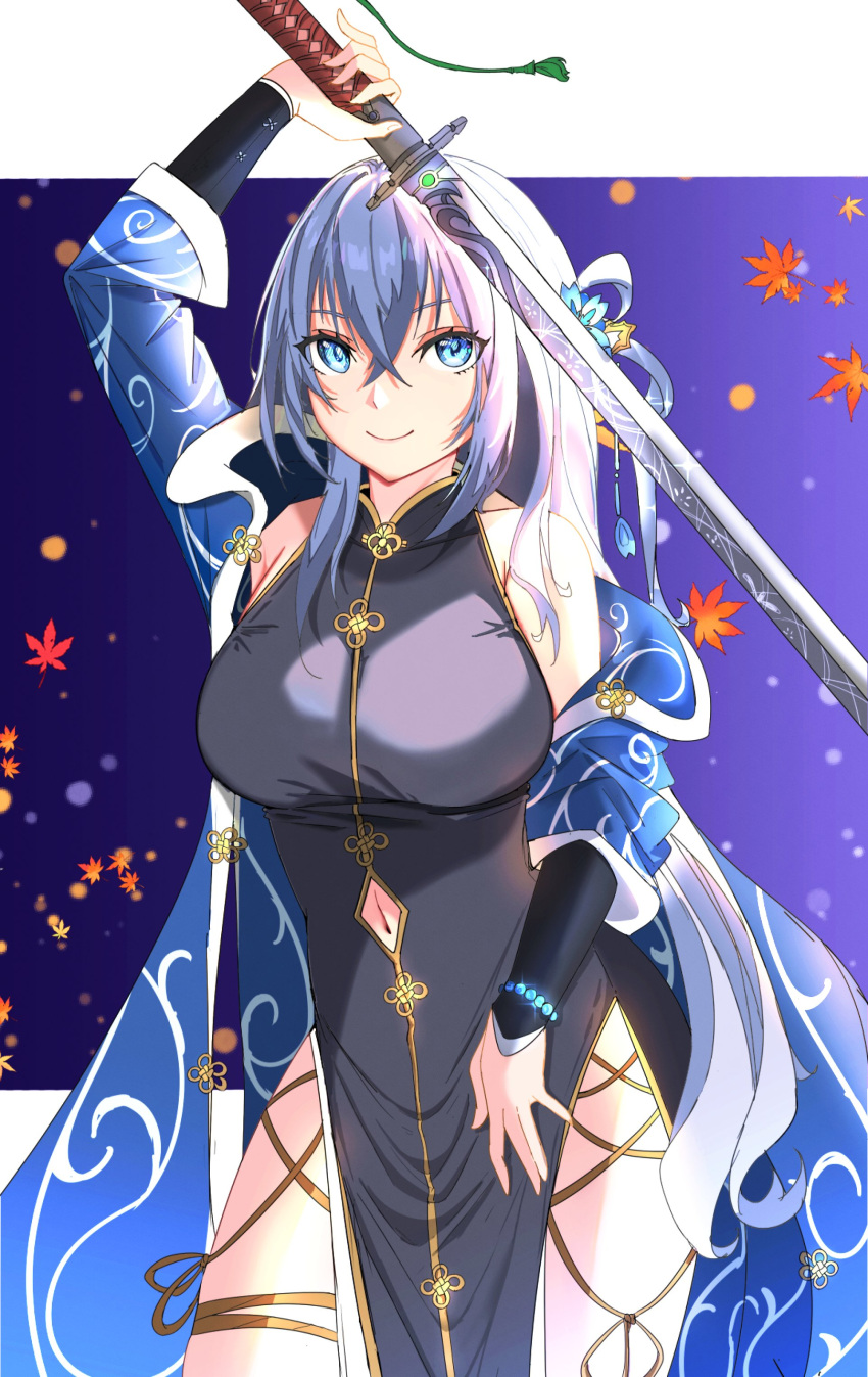 1girl, absurdres, bare_shoulders, beads, blue_eyes, bow-shaped_hair, breasts, china_dress