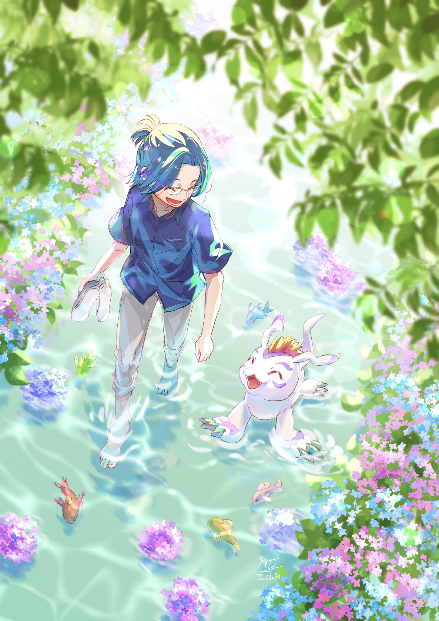 1boy, 1other, blue_hair, blue_shirt, caustics, closed_eyes, day, digimon, digimon_(creature), fish, flower, glasses, gomamon, highres, holding, holding_clothes, holding_footwear, kido_jou, leaf, open_mouth, orange_hair, outdoors, pants, pqtiger, shirt, shoes, shoes_removed, short_hair, short_sleeves, wading, water, white_pants