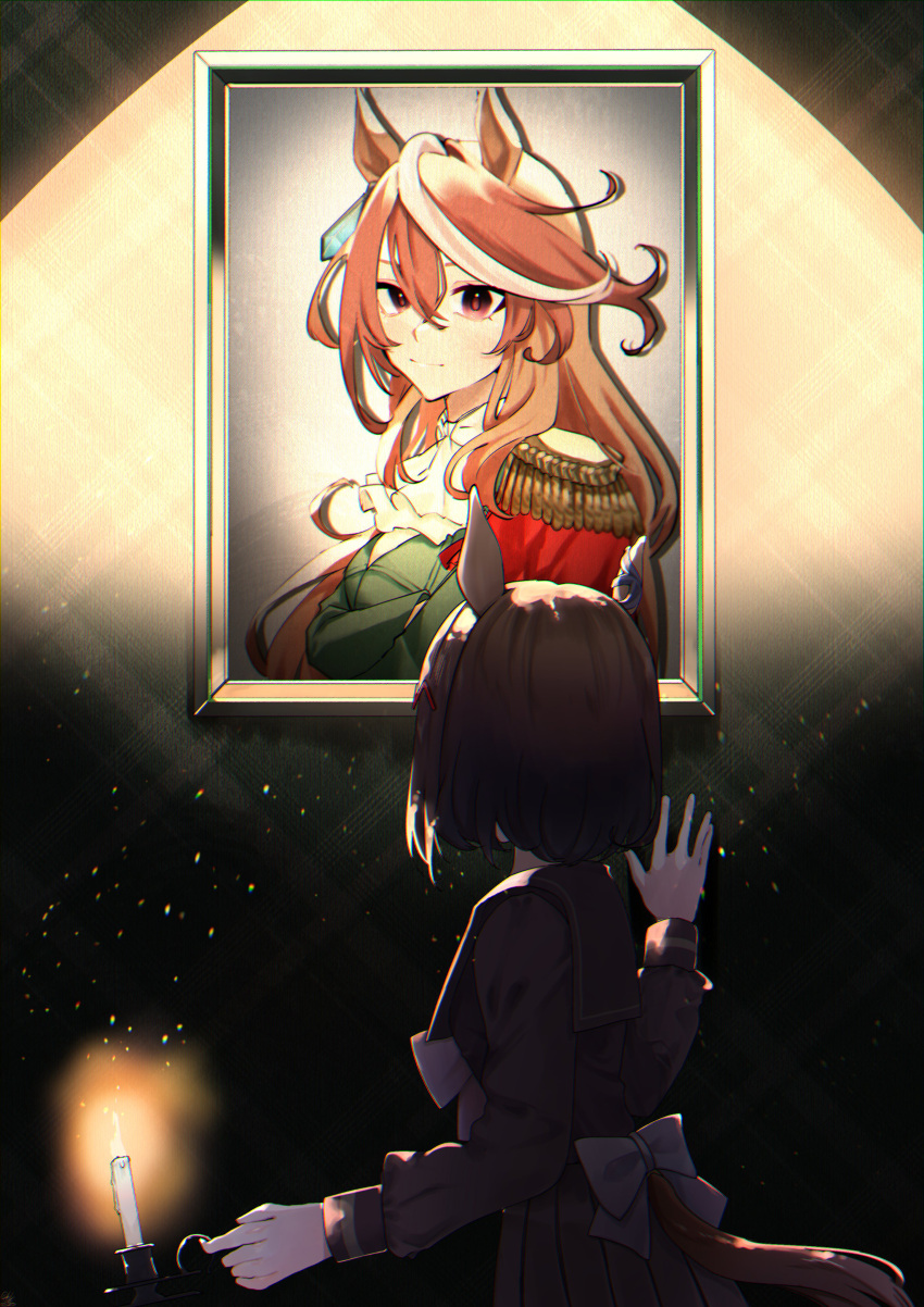 2girls, absurdres, animal_ears, ascot, back_bow, black_dress, bob_cut, bow