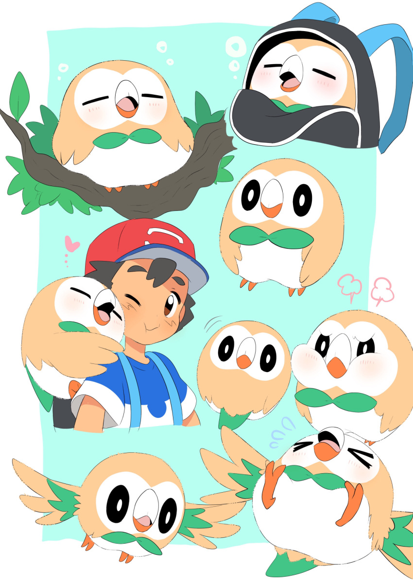 1boy, ajinomisni, ash_ketchum, backpack, bag, bird, black_eyes, black_hair