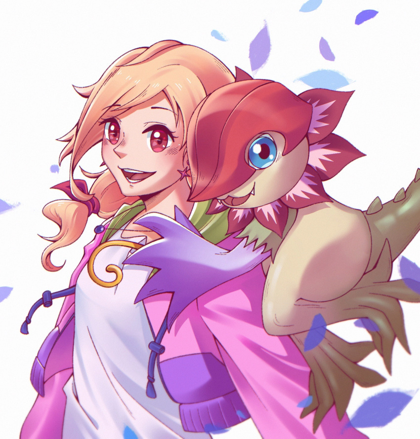 1girl, 1other, blonde_hair, burrito-salad, digimon, digimon_(creature), falling_petals, floramon, highres, jacket, kimishima_saki, open_clothes, open_jacket, open_mouth, petals, pink_jacket, red_eyes, shirt, simple_background, teeth, upper_body, white_background, white_shirt