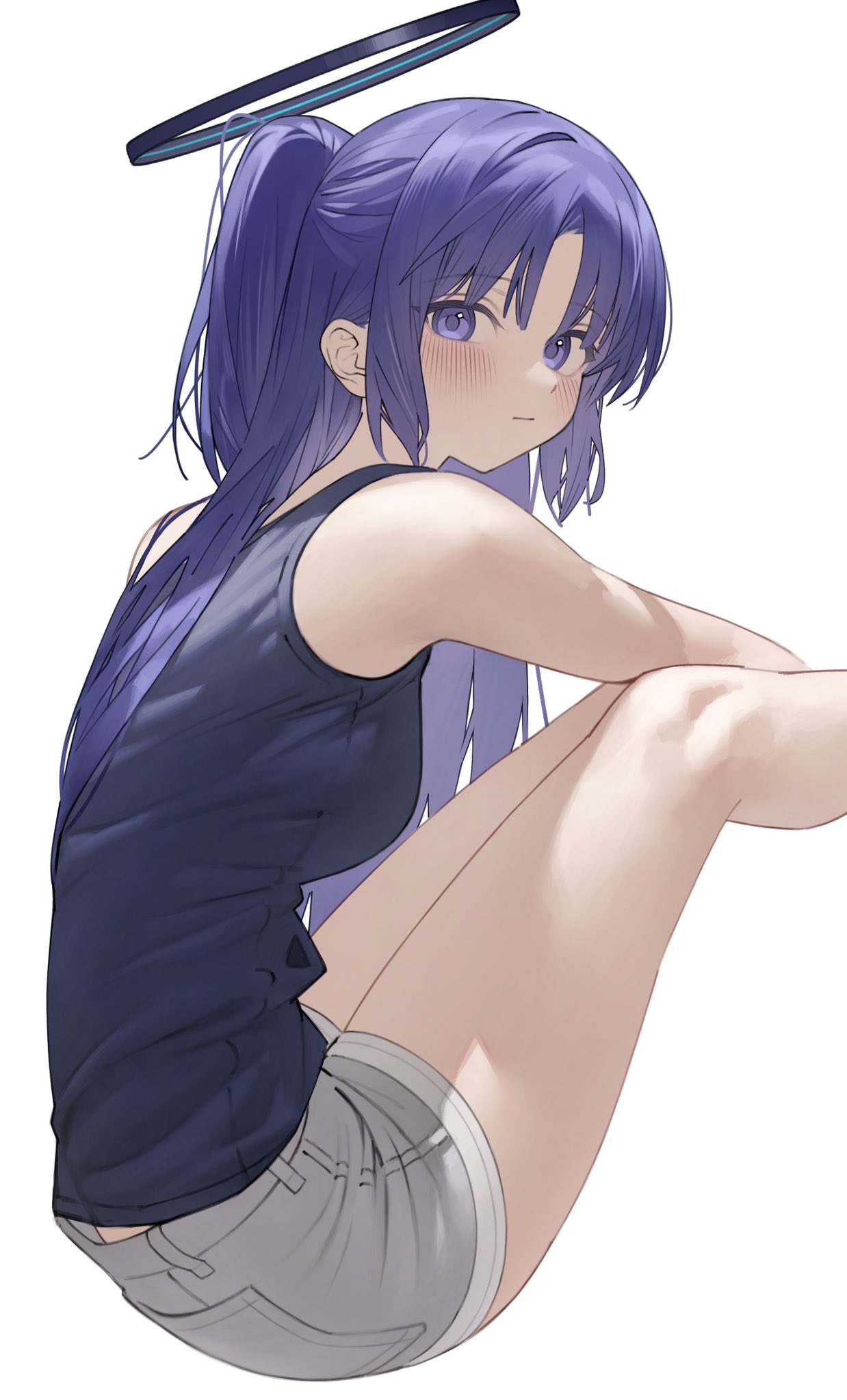 1girl, blue_archive, blue_tank_top, blush, breasts, halo, highres, long_hair, looking_at_viewer, looking_to_the_side, mechanical_halo, mu_mumu, parted_bangs, purple_hair, shorts, simple_background, solo, tank_top, thighs, violet_eyes, white_background, yuuka_(blue_archive)