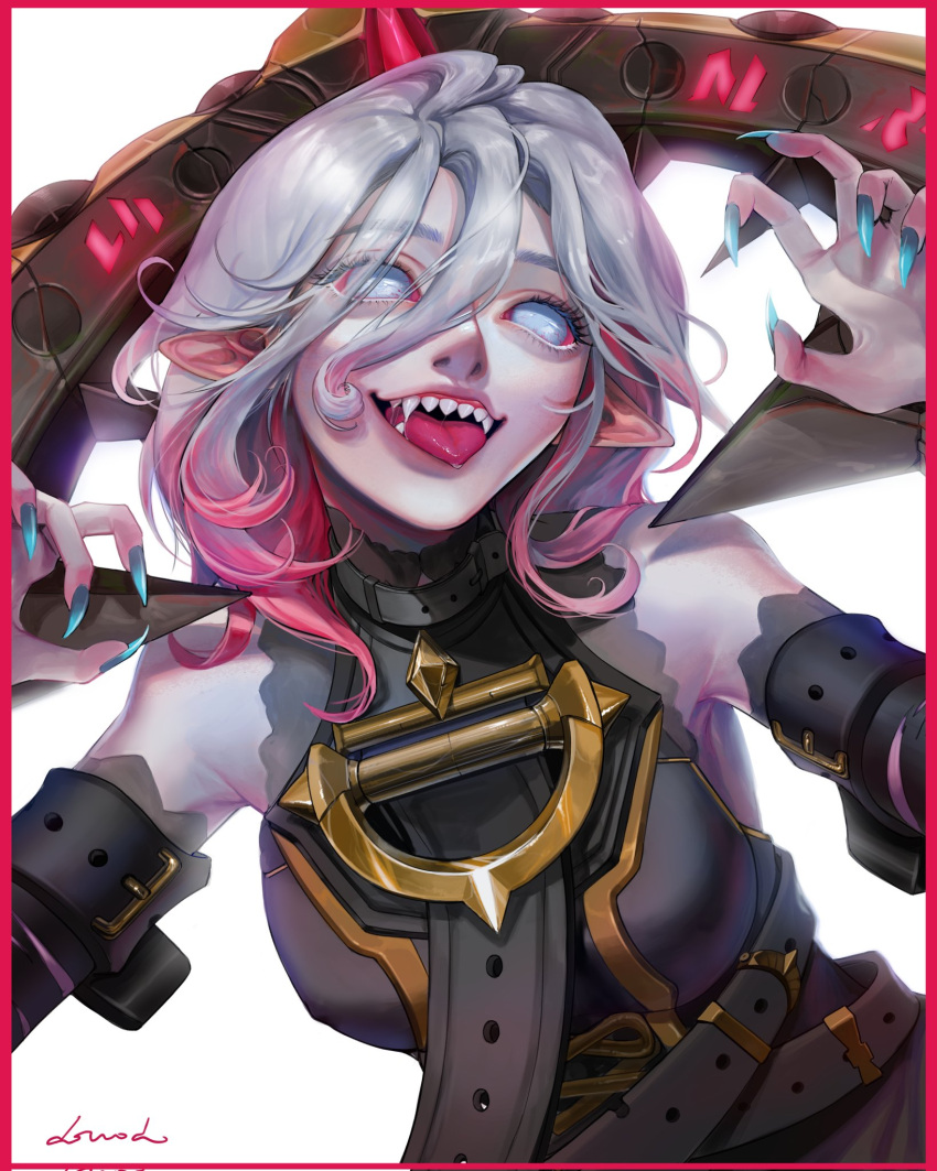 1girl, belt, black_belt, blue_nails, border, briar_(league_of_legends), colored_sclera, colored_skin, commentary, detached_sleeves, dovodo_vo, fingernails, gradient_hair, grey_hair, hair_between_eyes, highres, league_of_legends, long_hair, multicolored_hair, no_pupils, open_mouth, pink_hair, pointy_ears, red_border, red_sclera, sharp_fingernails, sharp_teeth, sidelocks, signature, simple_background, smile, solo, streaked_hair, teeth, tongue, tongue_out, two-tone_hair, upper_body, vampire, white_background, white_eyes, white_skin, wrist_cuffs