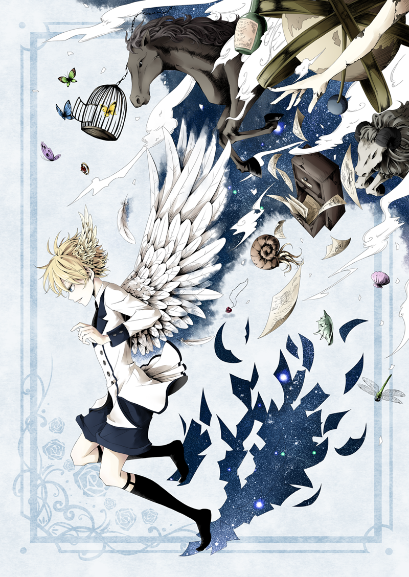 1boy, birdcage, black_socks, blonde_hair, blue_background, blue_eyes, blue_shorts, bottle, bug, butterfly, buttons, cabinet, cage, cuff_links, double-breasted, dragonfly, feathered_wings, feathers, framed, from_side, full_body, globe, hair_between_eyes, head_wings, horse, jacket, jewelry, jewelry_removed, kneehighs, lapels, legwear_garter, long_sleeves, looking_ahead, male_focus, nautilus_(animal), necklace, necklace_removed, notched_lapels, original, out_of_frame, paper, parted_lips, profile, ring, ring_removed, seashell, sheep, shell, short_hair, shorts, sky, sleeve_cuffs, smile, socks, solo, standing, standing_on_one_leg, star_(sky), starry_sky, take80328, white_feathers, white_jacket, white_wings, wings