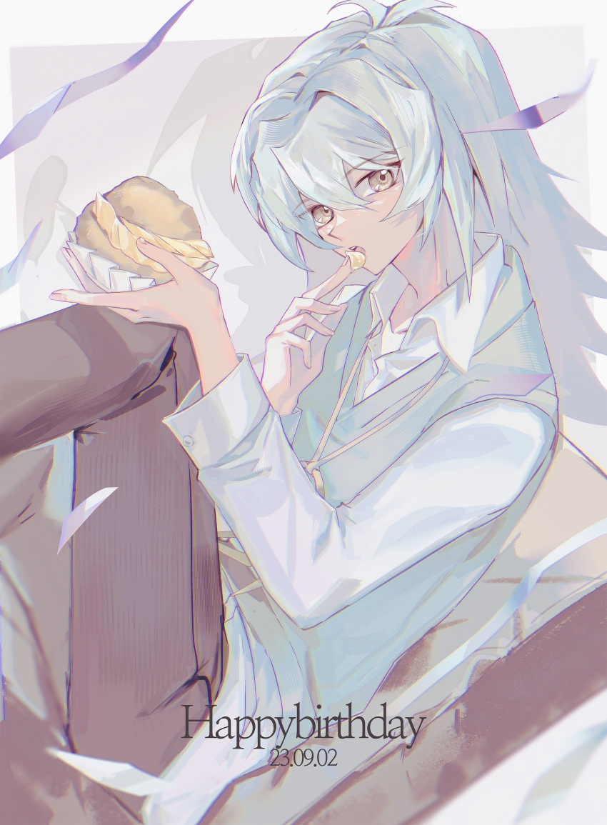 1boy, absurdres, bakura_ryou, bishounen, brown_eyes, brown_pants, bun_(food), cardigan