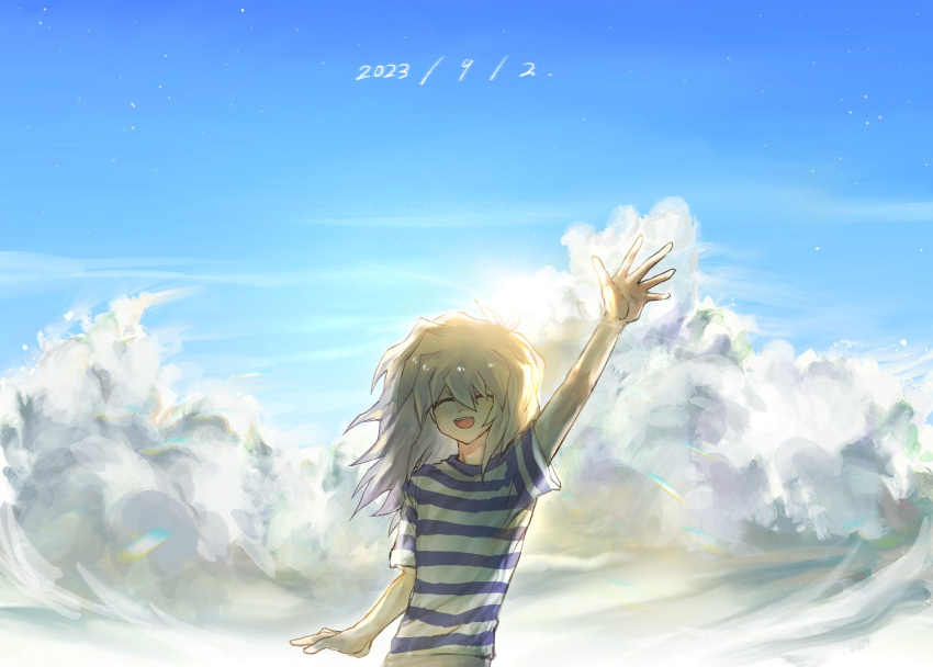 1boy, :d, arm_up, bakura_ryou, blue_shirt, blue_sky, closed_eyes, clouds