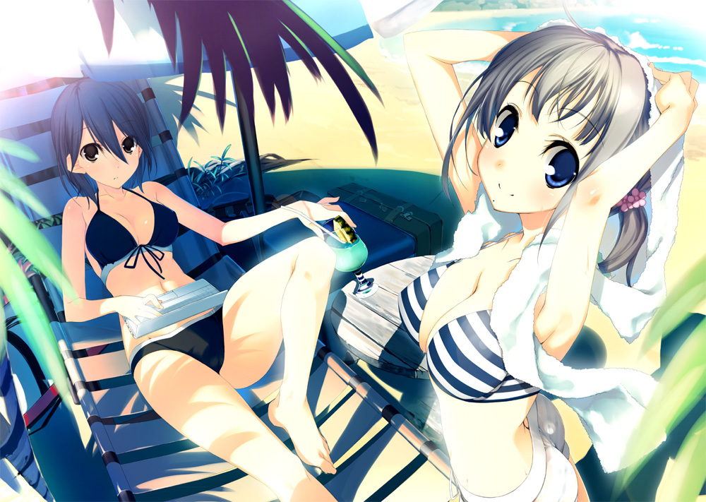 2girls, barefoot, beach, bikini, blue_eyes, blue_hair, computer, drink