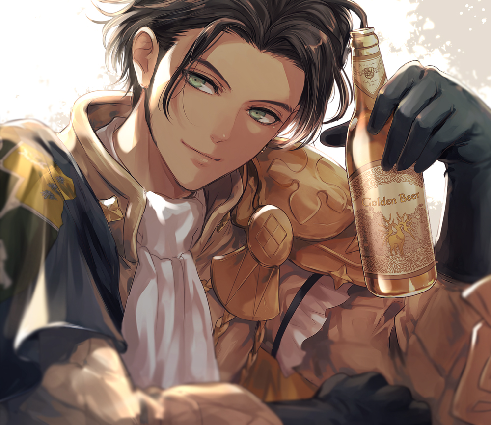 1boy, arm_rest, ascot, beer_bottle, black_capelet, black_gloves, bottle, brown_hair